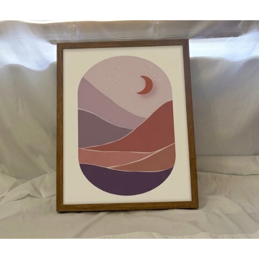 Modern Abstract Boho Desert Landscape Framed Art Moon Terracotta Minimalist Wood